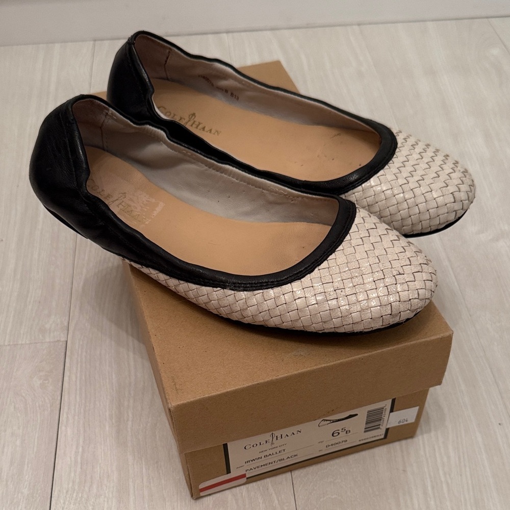 Cole Haan Women's Black and Cream Woven Leather Loafers